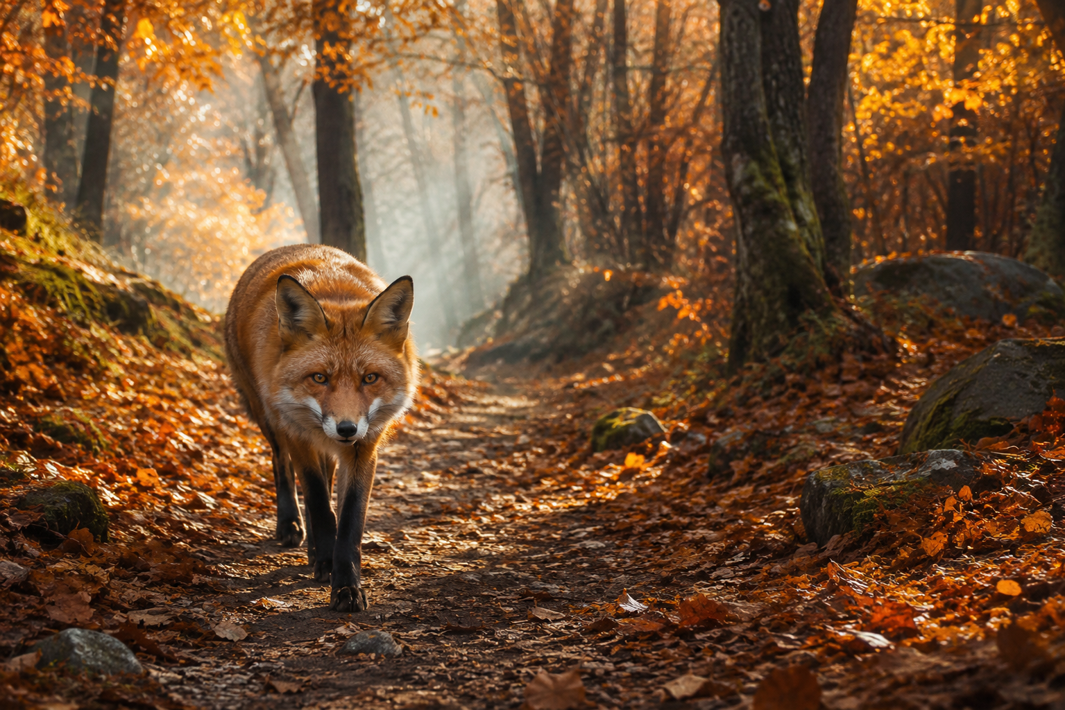 AI-generated red fox walking through an autumn forest