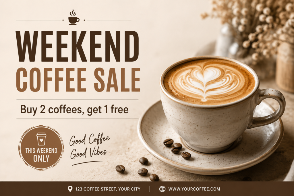AI-generated coffee sale poster with readable promotional text and additional unrequested text