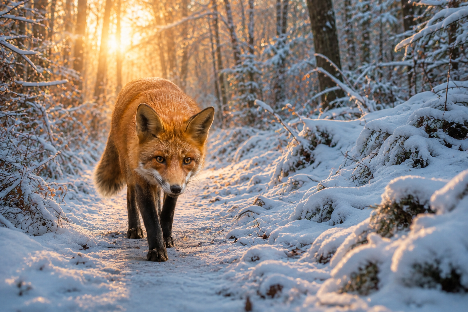 AI-generated red fox scene adapted from an autumn forest to a snowy forest