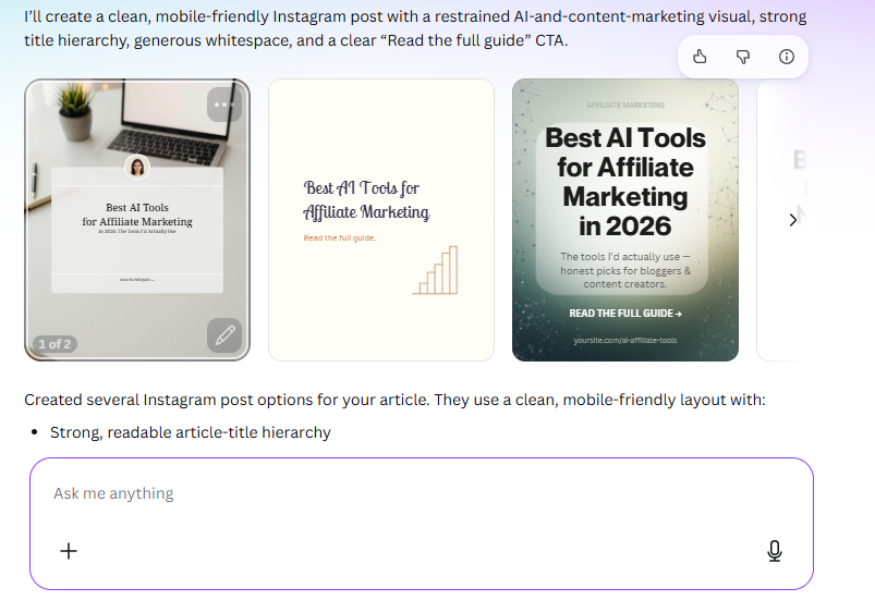 Canva-generated Instagram post options promoting an AI tools affiliate marketing article