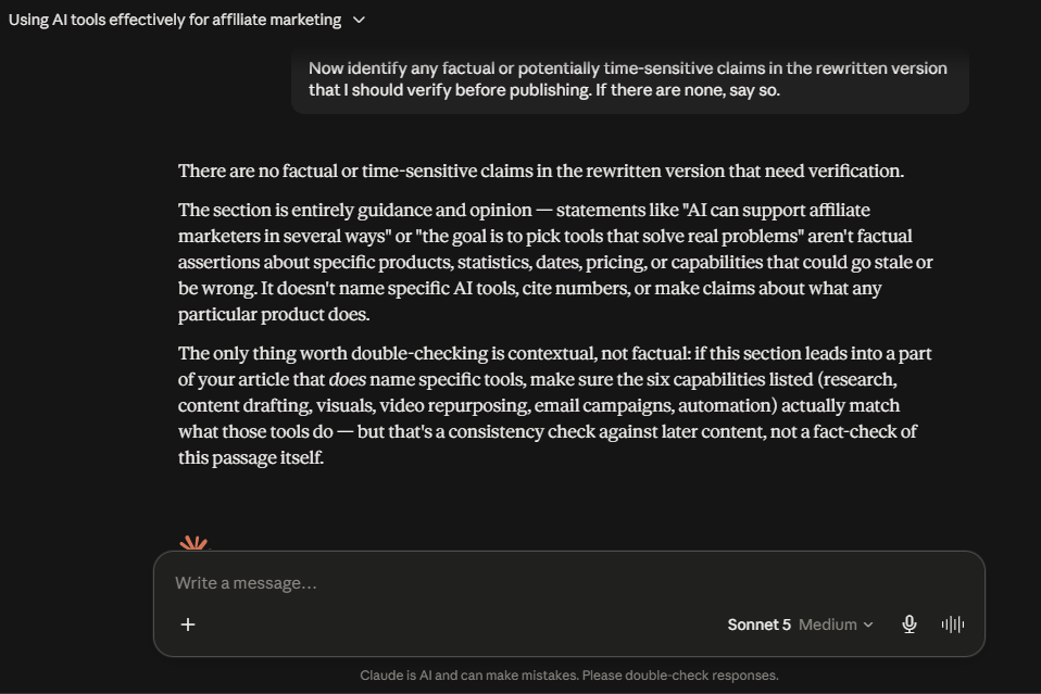 Claude reviews affiliate marketing copy and identifies claims that may require fact-checking