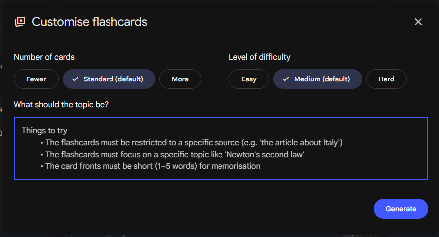 interface of flashcards feature