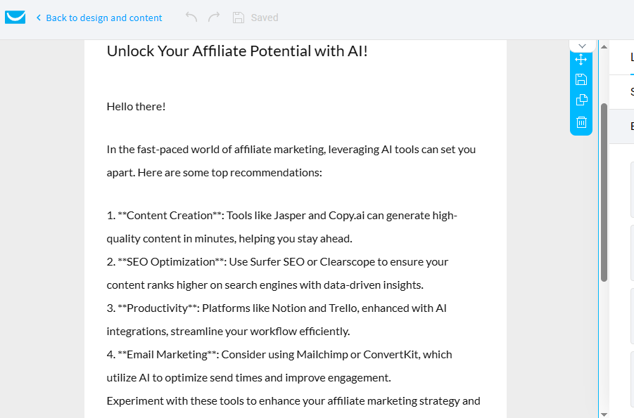 GetResponse AI Email Generator creating an affiliate marketing newsletter