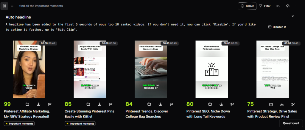 OpusClip generating ranked short-form clips from an affiliate marketing video