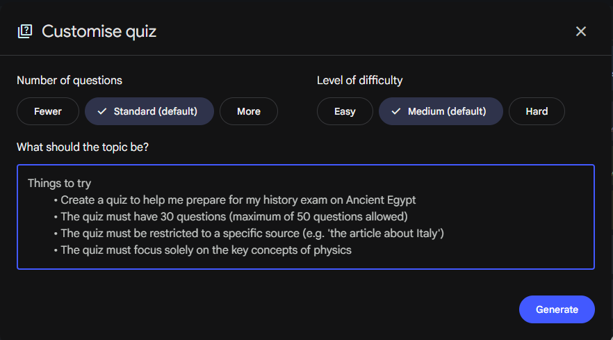 interface of quiz feature