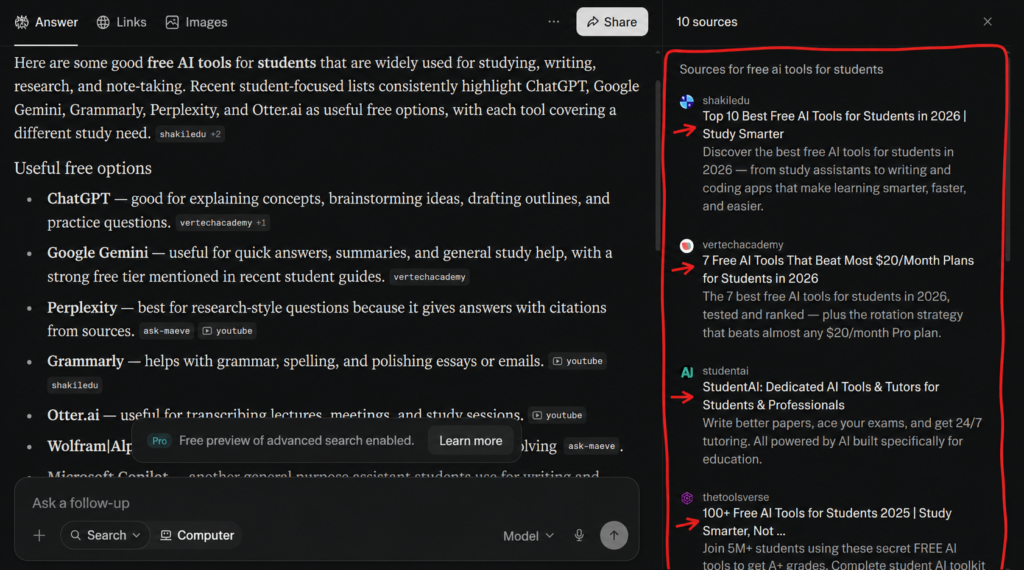 perplexity interface with sources
