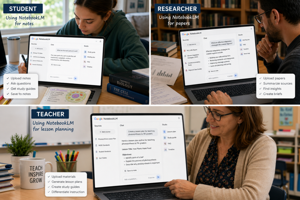 image of students, researchers, and teachers using notebookLM