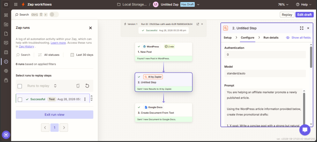 Zapier workflow connecting WordPress, AI by Zapier, and Google Docs
