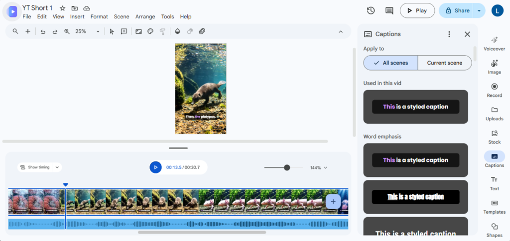 google vids- voiceover and captions