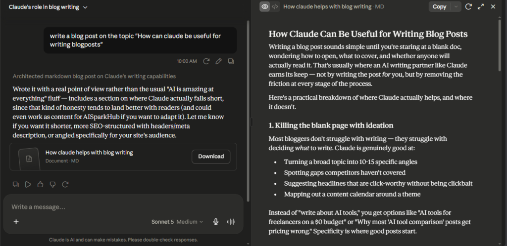 interface of claude writing a blog post
