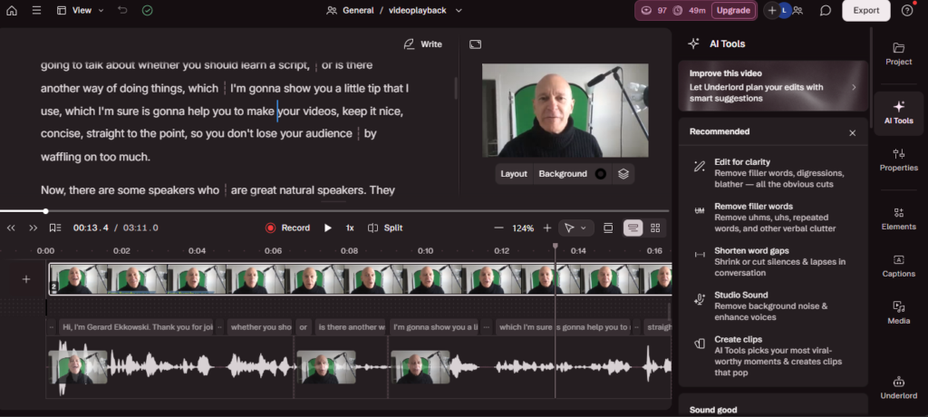 Descript editor showing the AI tools panel