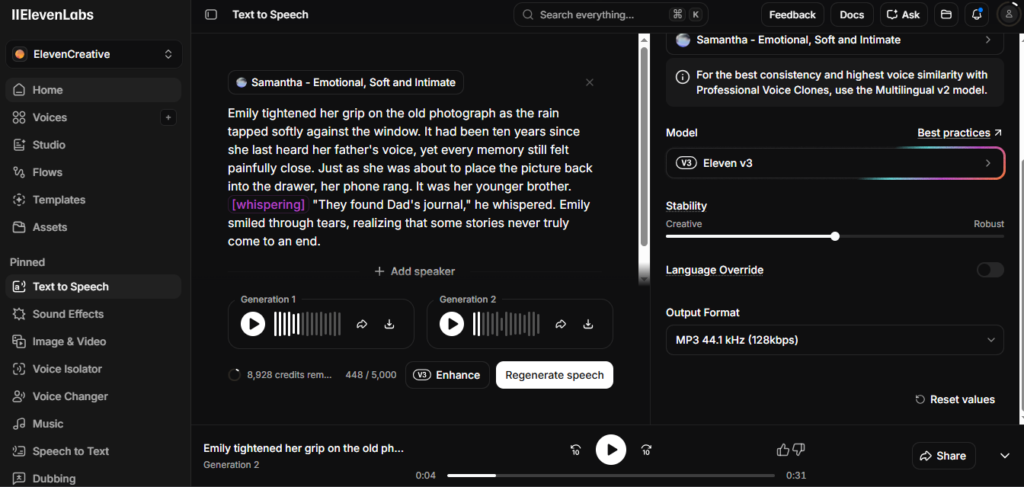 interface of elevenlabs