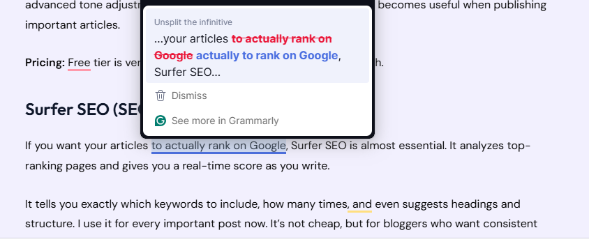 grammarly giving suggestions for the texts