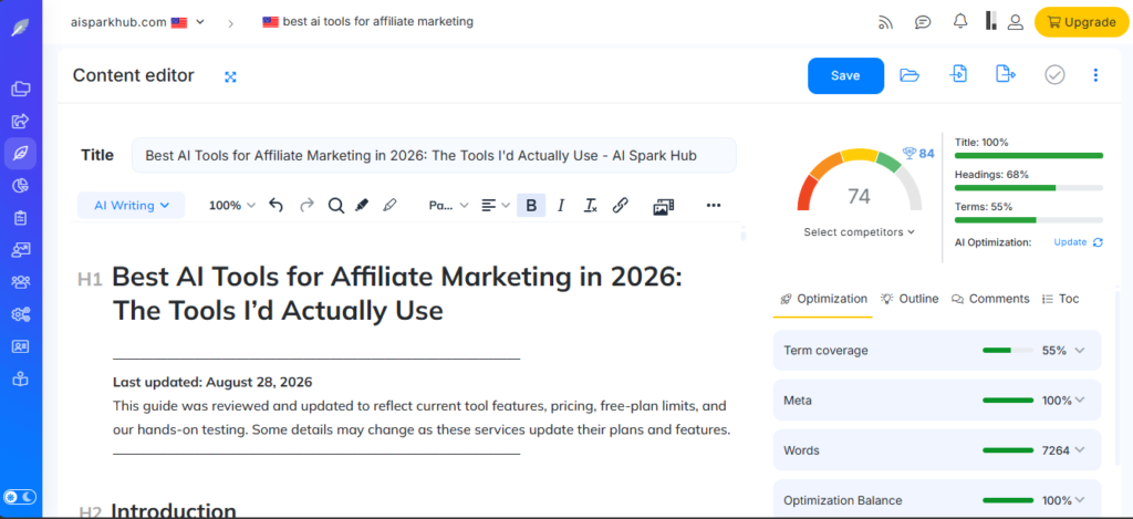 NeuronWriter Optimize Content results from our test