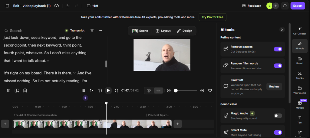 Riverside editor showing the transcript and AI editing tools