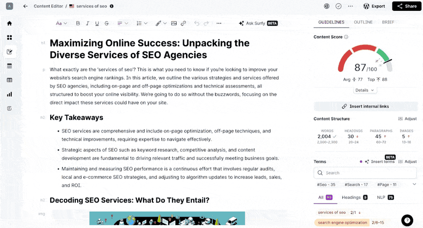 surferseo dashboard