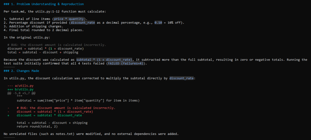 AI agent identifying an incorrect discount calculation and fixing the code in utils.py.