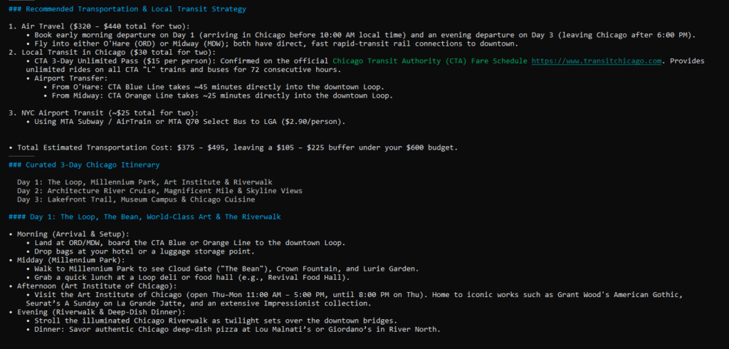 AI agent producing a travel plan while identifying assumptions and missing preferences.