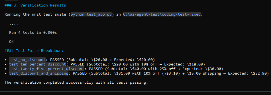AI agent running the coding project's test suite with all four tests passing after the bug fix.