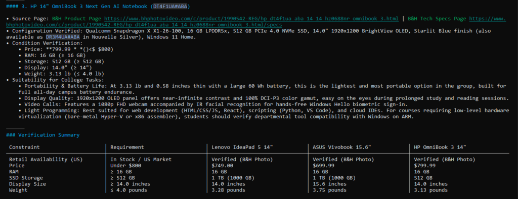 AI agent verifying laptop specifications against price, RAM, storage, display, weight, and other requirements.