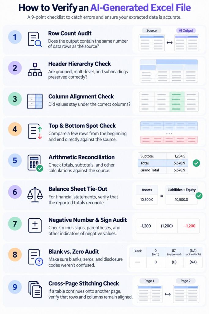 Nine-point checklist for verifying AI-generated Excel files, including row counts, headers, column alignment, calculations, signs, blanks, and cross-page tables