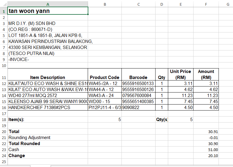 Claude Excel output from the scanned receipt extraction test