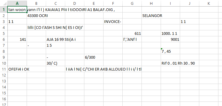 Excel Data from Picture output showing fragmented receipt data across spreadsheet cells