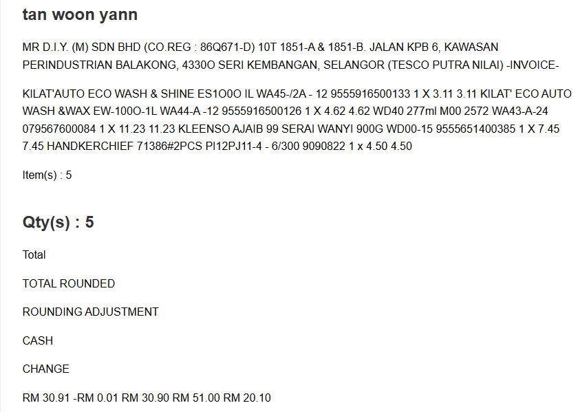 Docling output showing extracted receipt text without a usable reconstructed product table
