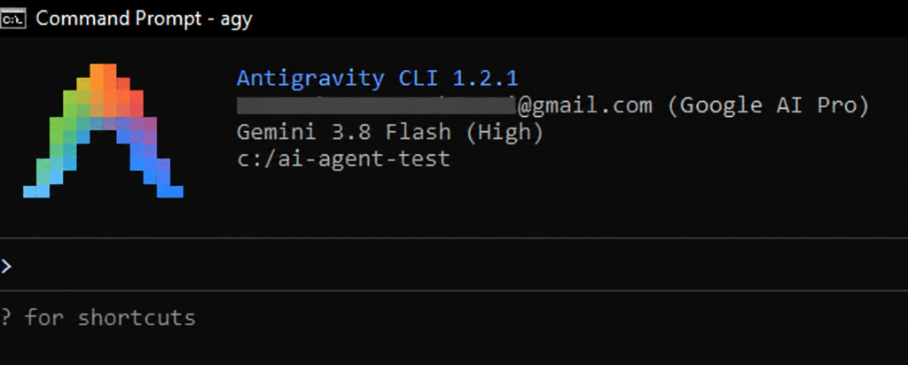Antigravity CLI showing Gemini 3.8 Flash High and the AI agent testing workspace used in the experiment.