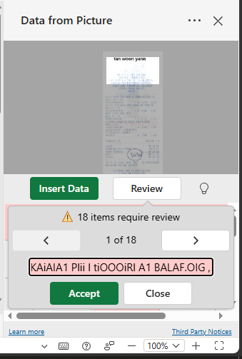 Excel Data from Picture review panel showing 18 items requiring review