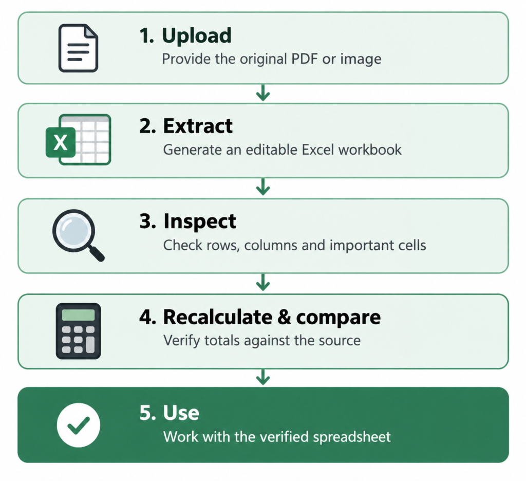 Five-step AI PDF to Excel workflow showing upload, extract, inspect, recalculate and compare, and use