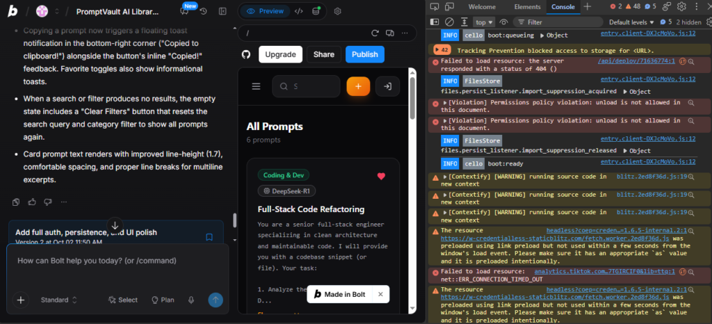 Bolt.new DevTools console error logs showing 404 deploy and storage blocks