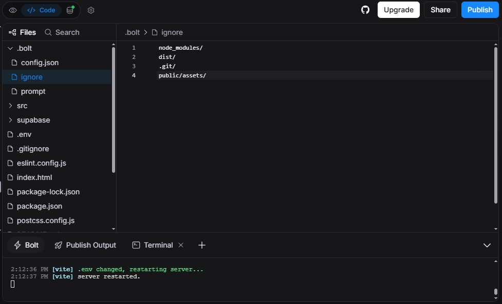 Bolt.new ignore file configuration in file tree