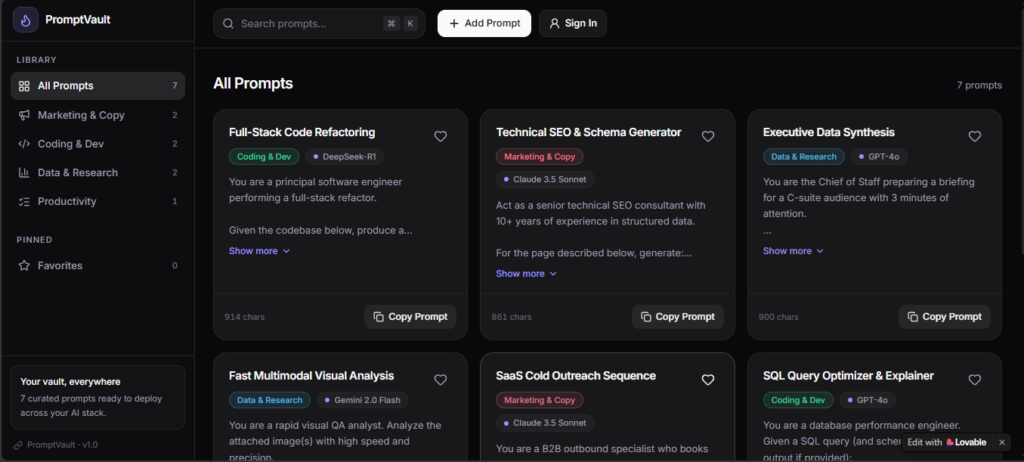 Lovable Prompt 1 generation preview displaying Linear-inspired dark zinc UI with prompt cards and character counts