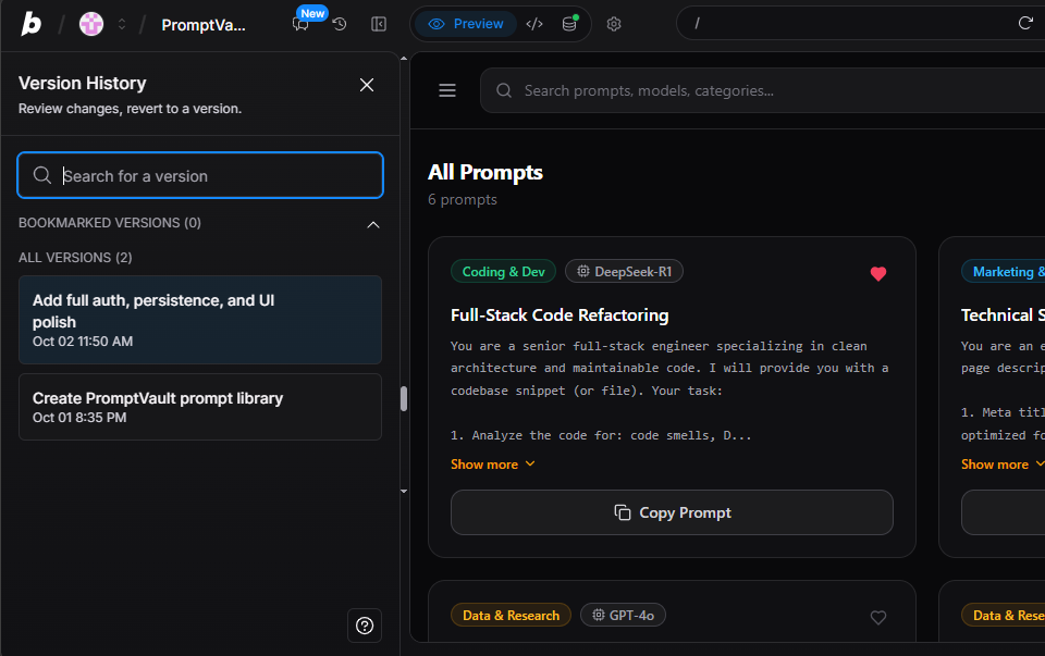 Bolt.new version history panel for rolling back checkpoints