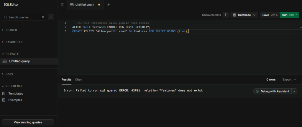 Supabase SQL editor creating table and enabling RLS policy
