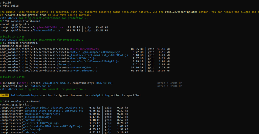 Vite and Nitro SSR Cloudflare terminal build log