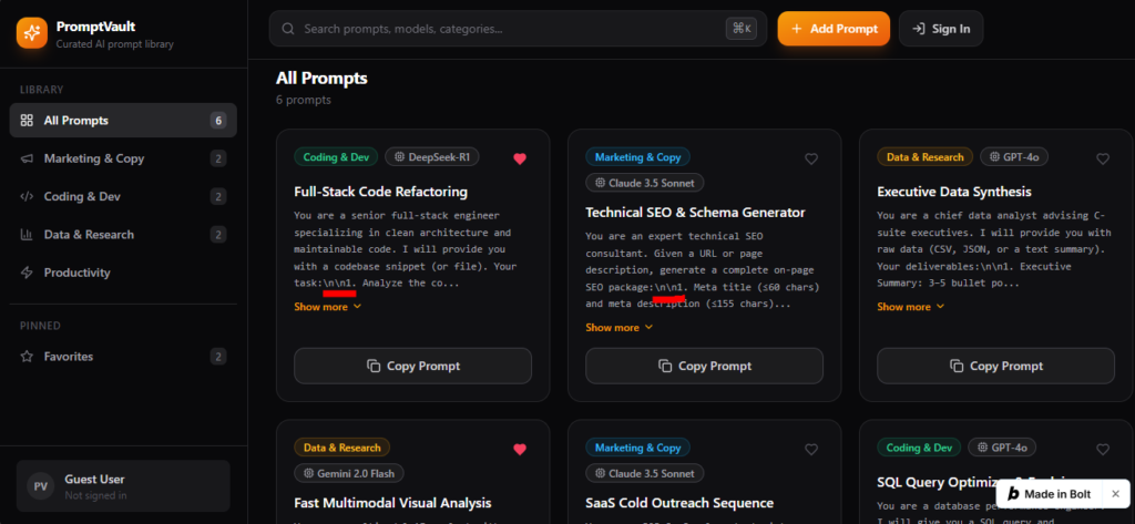 Bolt.new Prompt 1 generation preview showing PromptVault dashboard, category sidebar, and responsive card grid