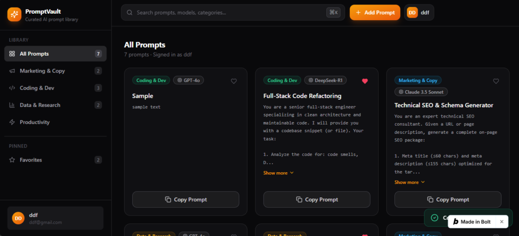 Bolt.new Prompt 2 preview showing synchronized sidebar user profile, fixed multiline lists, and added prompt card