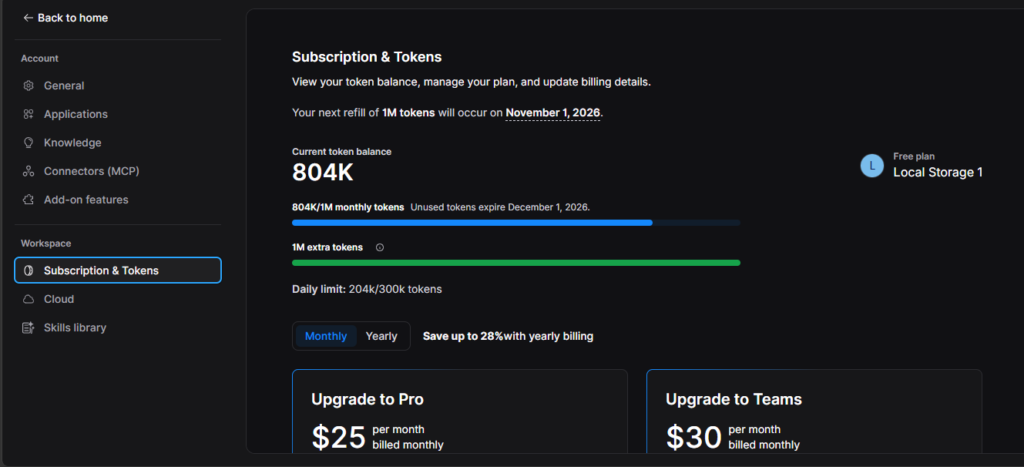 Bolt.new dashboard showing remaining token balance and daily limit after completing PromptVault full-stack build.