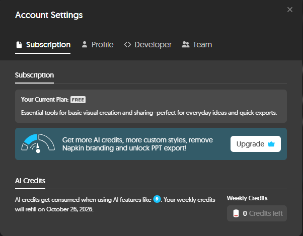 Napkin AI Account Settings showing 0 credits left and weekly refill date