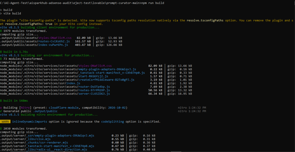 Command prompt terminal showing Lovable compiling with TanStack Start, Nitro SSR, and Cloudflare Worker targets