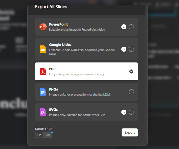 Napkin AI Export All Slides modal showing Badge 3 on PowerPoint, Google Slides, and SVGs