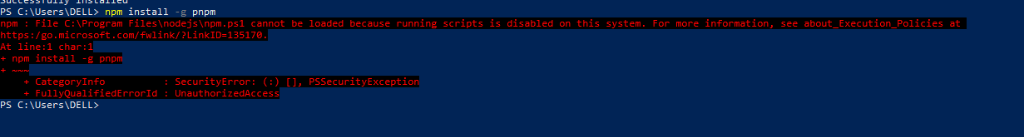Windows PowerShell security error showing npm script execution is disabled