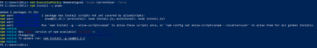 Resolving PowerShell execution policy with RemoteSigned command and installing pnpm