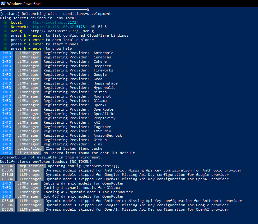 Bolt.diy local development server running on localhost port 5173 in Windows terminal