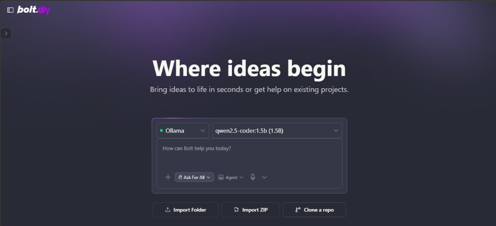 Bolt.diy web interface with Ollama provider connected and Qwen 2.5 Coder 1.5B model selected