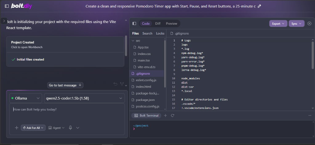Bolt.diy workbench scaffolding Vite React project files using local Ollama model