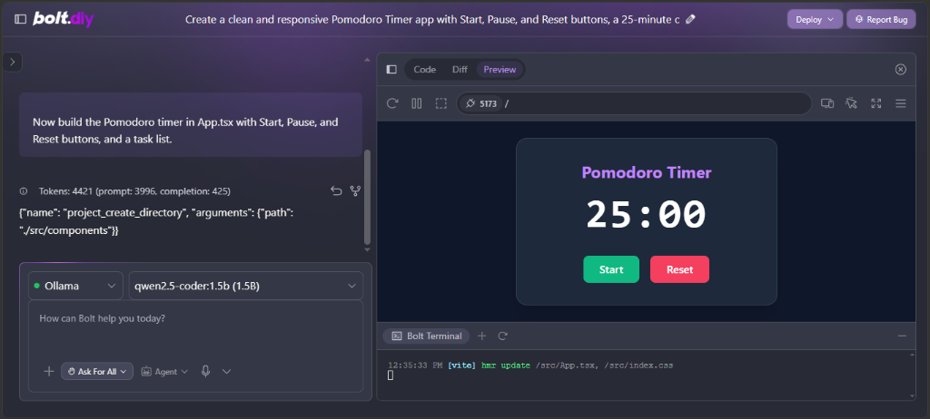 Live interactive Pomodoro timer React app running inside Bolt.diy browser preview