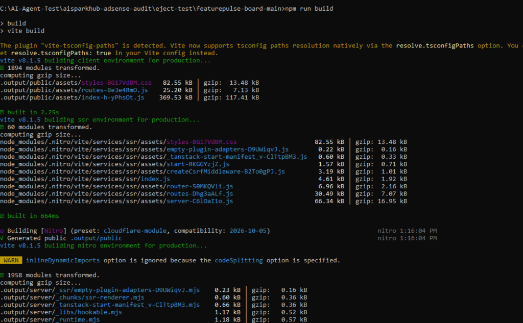 Lovable npm run build terminal output Vite and Nitro SSR